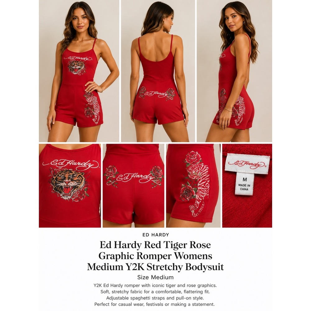 Ed Hardy Red Tiger Rose Graphic Romper Womens Medium Y2K Stretchy Bodysuit